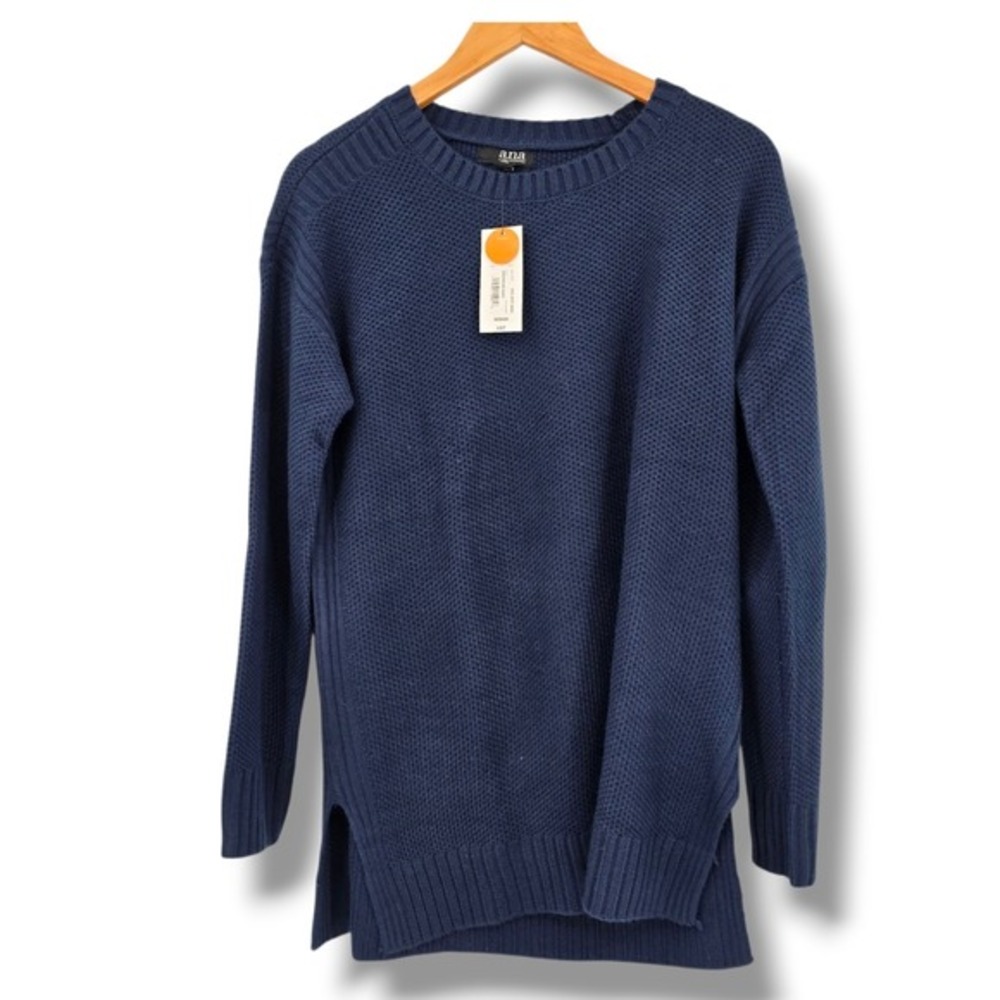 New ana a new approach navy blue textured knit crewneck sweater tunic medium